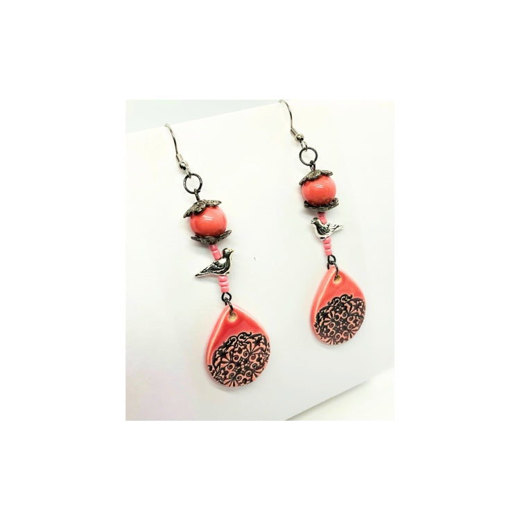 Pink Ceramic Mandala Teardrop Dangle Earrings with Silver Bird Embellishment Handmade One at a Time Dark Silver Ear Wire