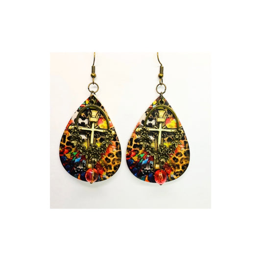 Cross Teardrop Dangle with Bronze Embellishment and Bead Leopard Print Design Earrings
