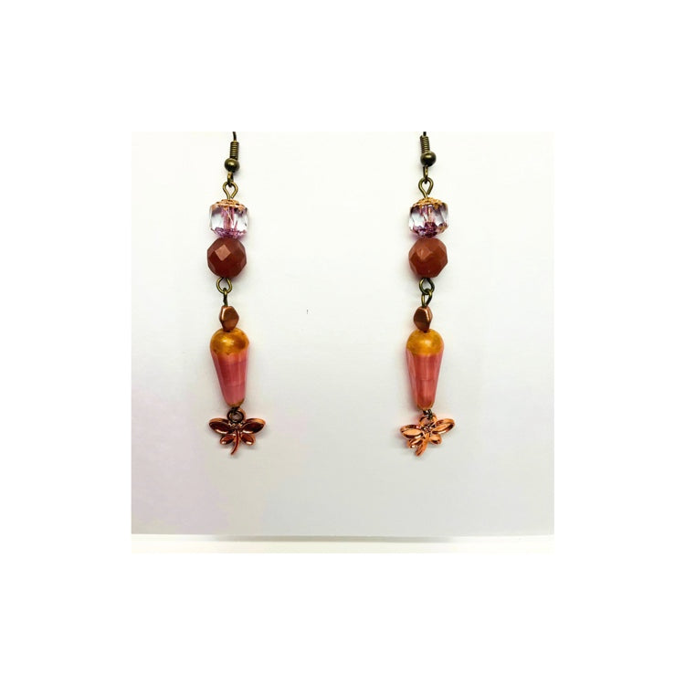 Czech Pink Glass Dangle Earring with Bronze Ear Wire, Handmade One at a Time, Unique Design, Beautiful Decorative Bead Dangle