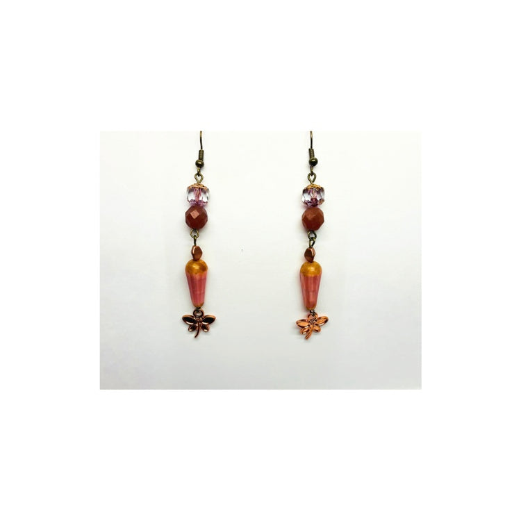 Czech Pink Glass Dangle Earring with Bronze Ear Wire, Handmade One at a Time, Unique Design, Beautiful Decorative Bead Dangle