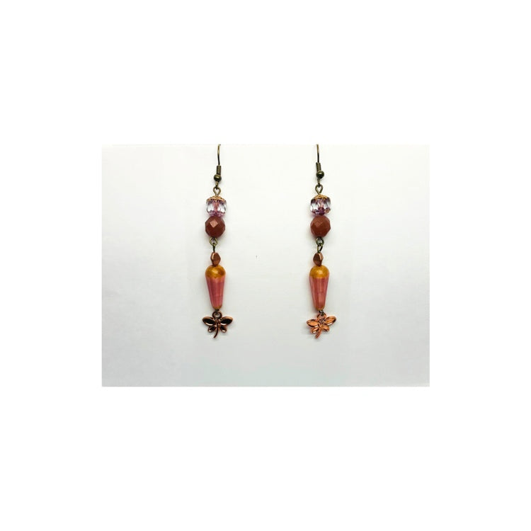 Czech Pink Glass Dangle Earring with Bronze Ear Wire, Handmade One at a Time, Unique Design, Beautiful Decorative Bead Dangle