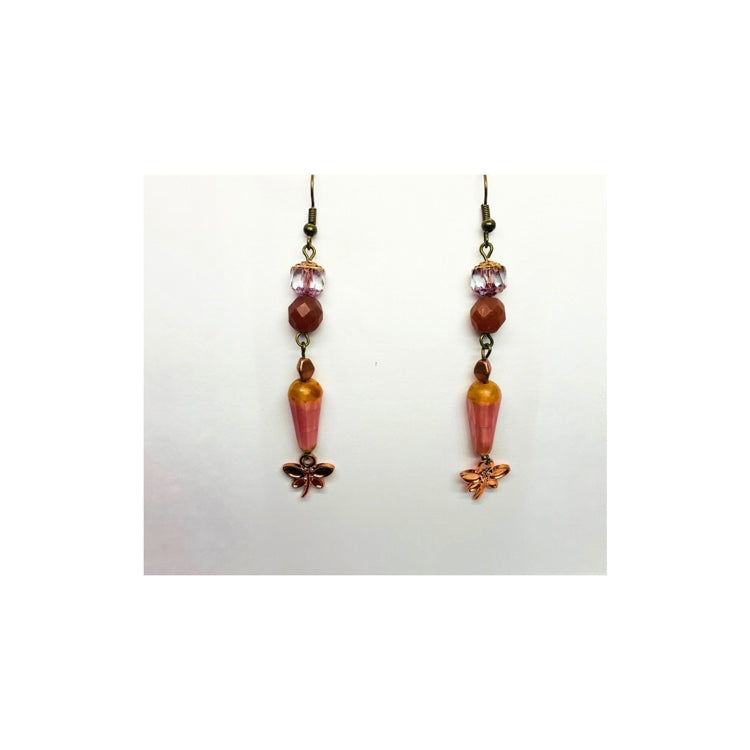 Czech Pink Glass Dangle Earring with Bronze Ear Wire, Handmade One at a Time, Unique Design, Beautiful Decorative Bead Dangle