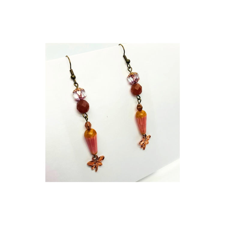 Czech Pink Glass Dangle Earring with Bronze Ear Wire, Handmade One at a Time, Unique Design, Beautiful Decorative Bead Dangle