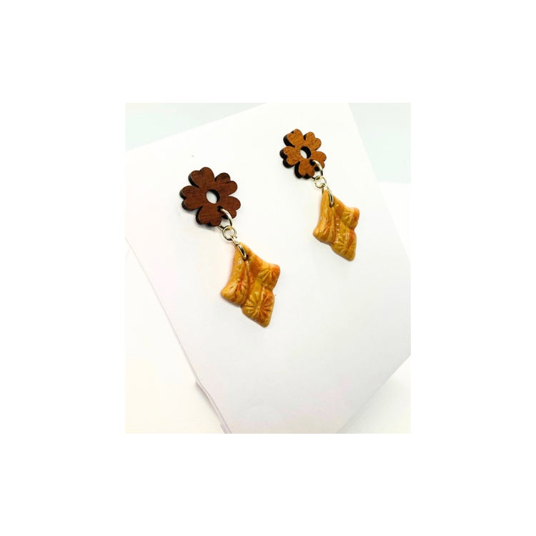 Shades of Pink Dangle with a Wood Flower Stud Polymer Clay Drop Earrings with Stud Backing for Ear Wear