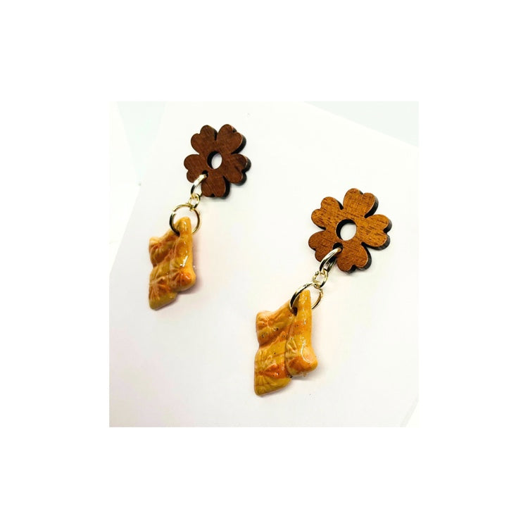 Shades of Pink Dangle with a Wood Flower Stud Polymer Clay Drop Earrings with Stud Backing for Ear Wear