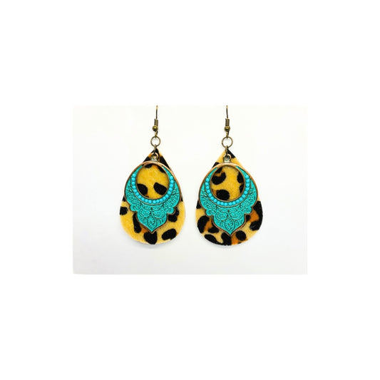 Leopard Turquoise Teardrop Dangle Earrings with Leopard Print and Teal Lace Design