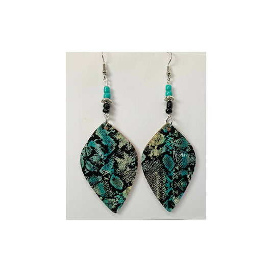 Turquoise and Black Snake Skin Lightweight Wood Dangle Earrings