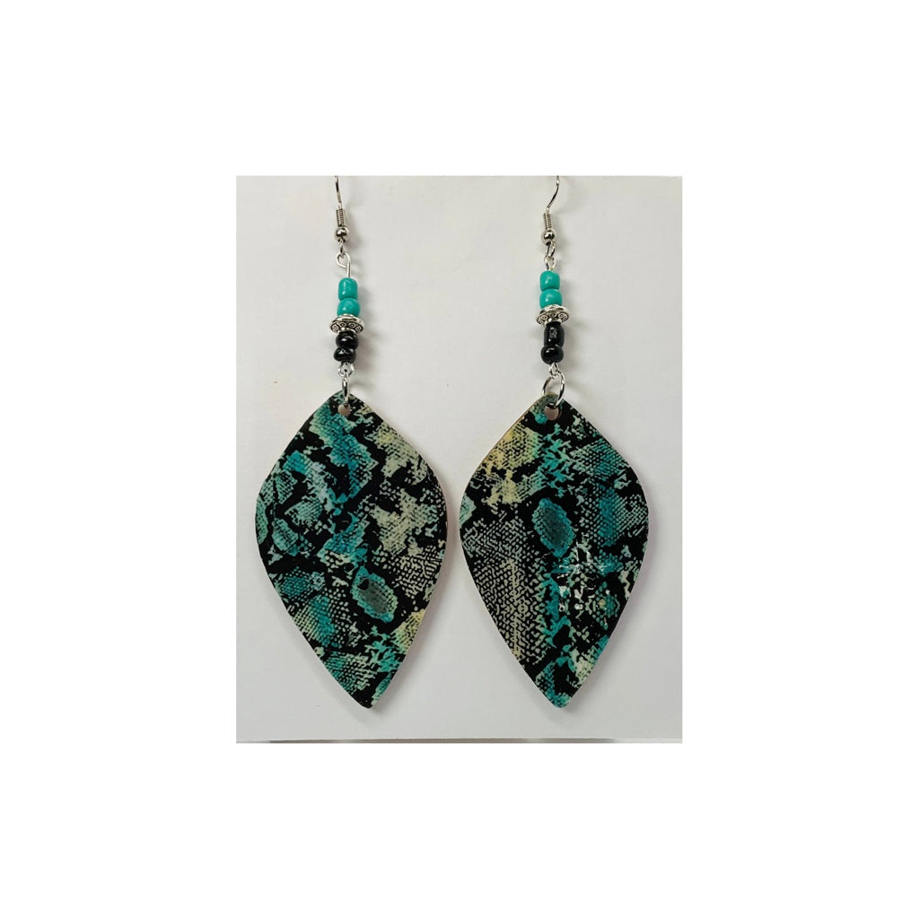Turquoise and Black Snake Skin Lightweight Wood Dangle Earrings