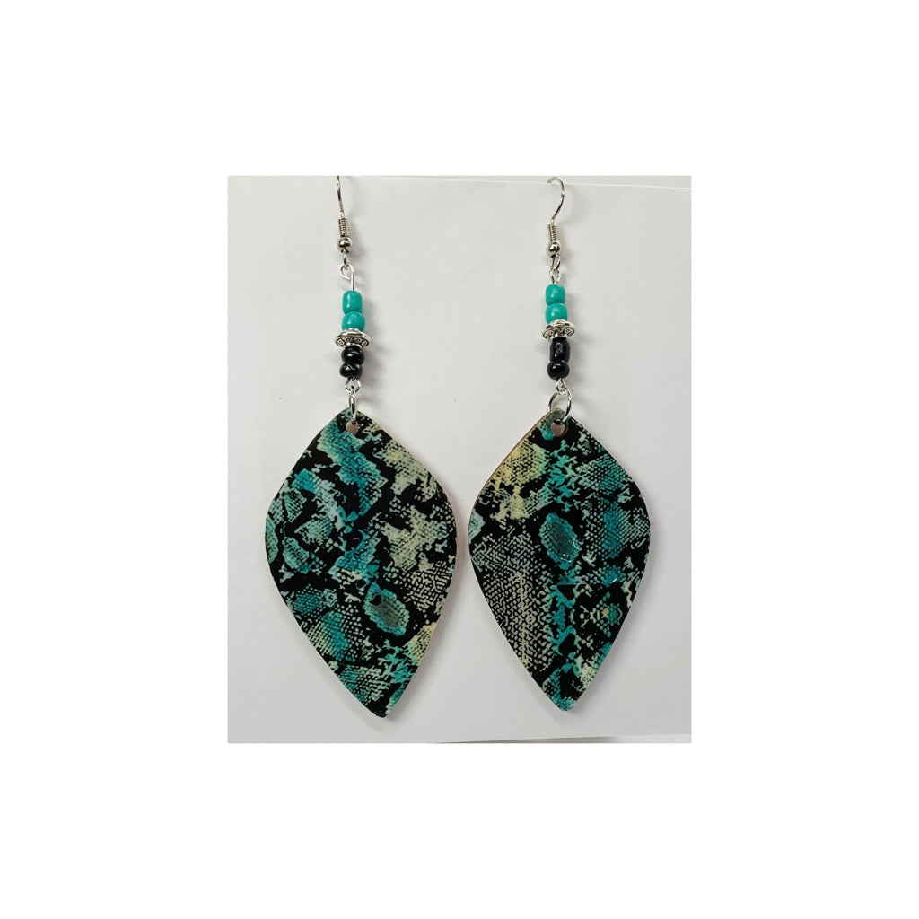 Turquoise and Black Snake Skin Lightweight Wood Dangle Earrings