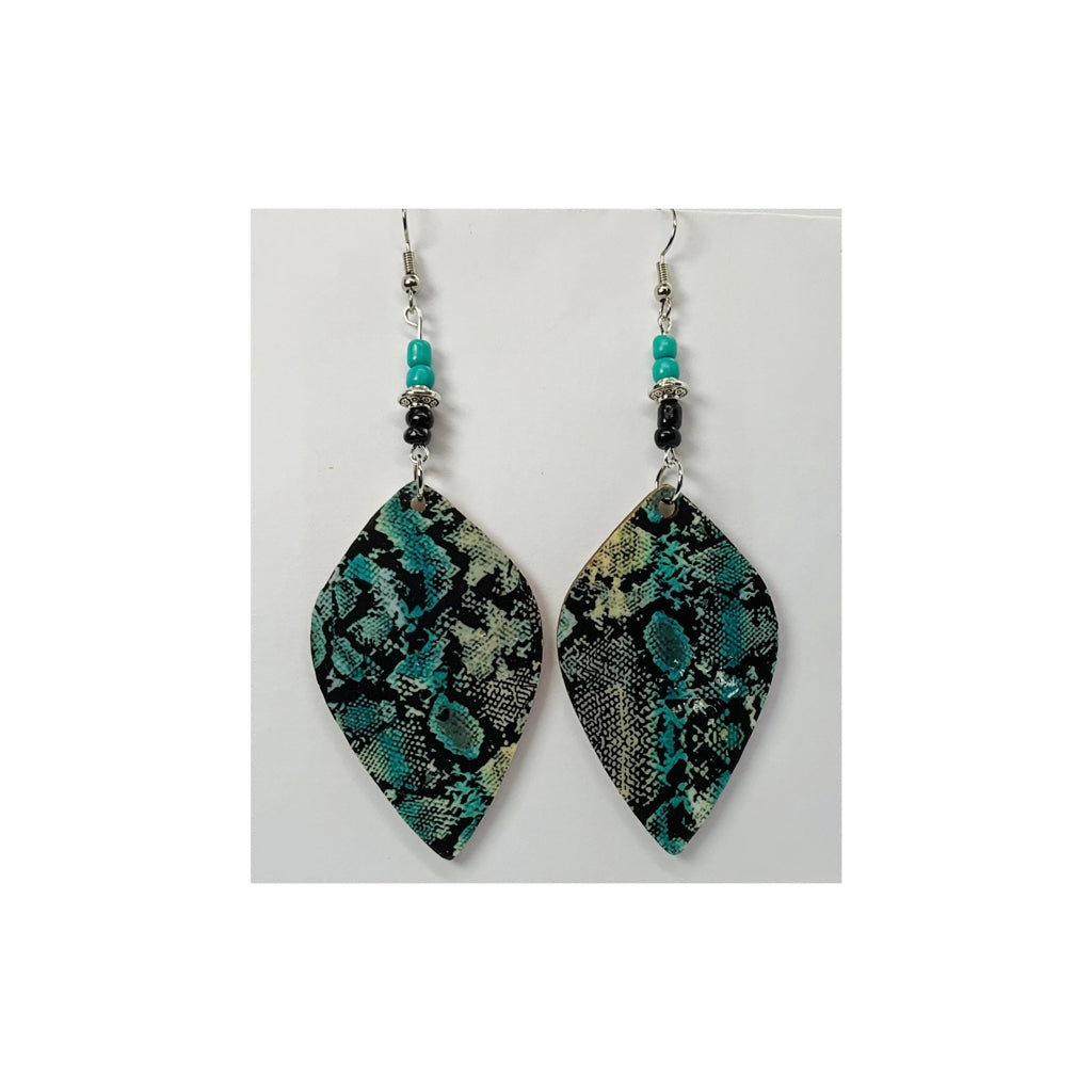 Turquoise and Black Snake Skin Lightweight Wood Dangle Earrings