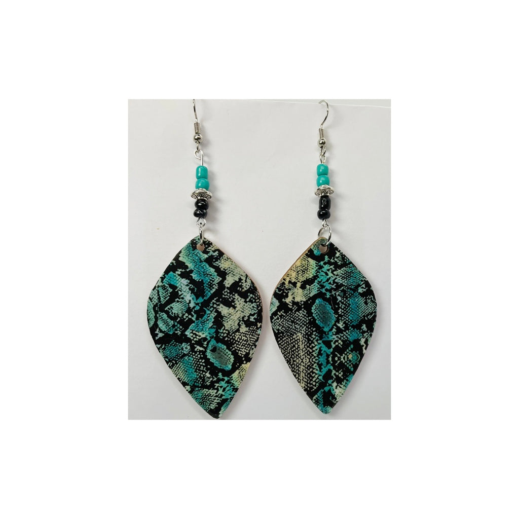 Turquoise and Black Snake Skin Lightweight Wood Dangle Earrings