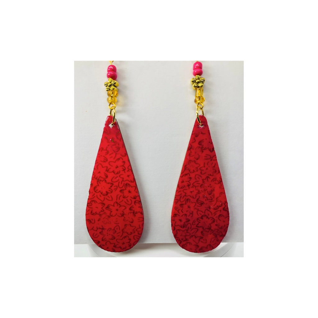 Pink and Gold Long Teardrop Lightweight Wood Dangle Earring