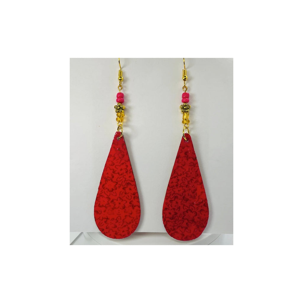 Pink and Gold Long Teardrop Lightweight Wood Dangle Earring