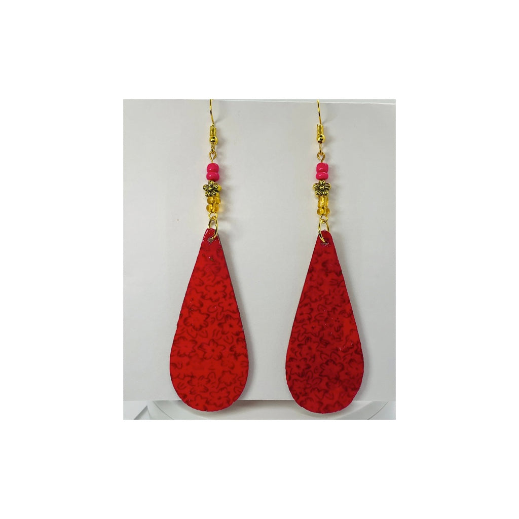 Pink and Gold Long Teardrop Lightweight Wood Dangle Earring