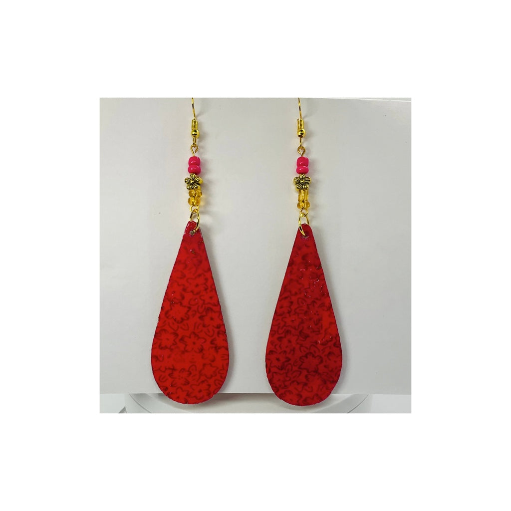 Pink and Gold Long Teardrop Lightweight Wood Dangle Earring