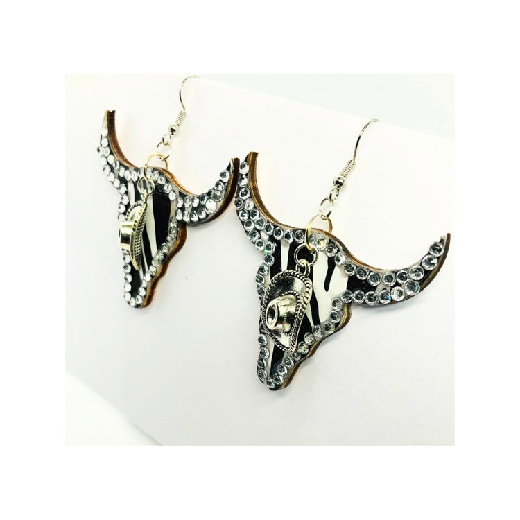 Wood Cowgirl  Rhinestone Dangle Earrings