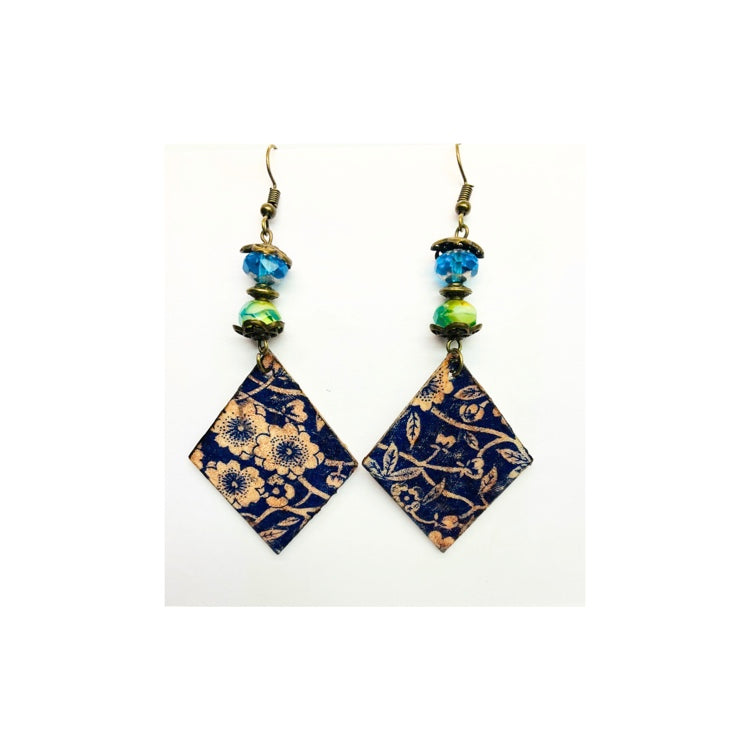 Blue Wood Diamond Shaped Dangle with Beads