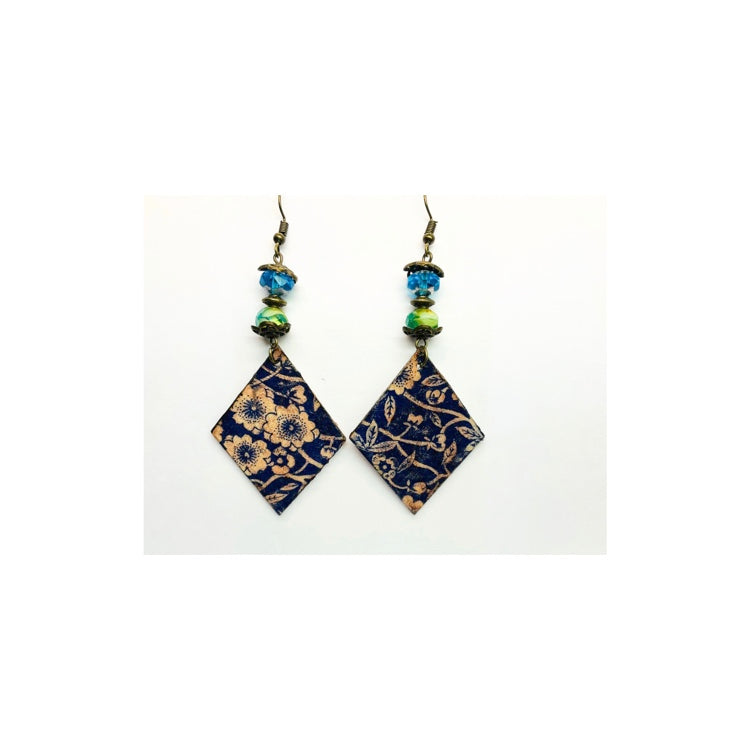 Blue Wood Diamond Shaped Dangle with Beads