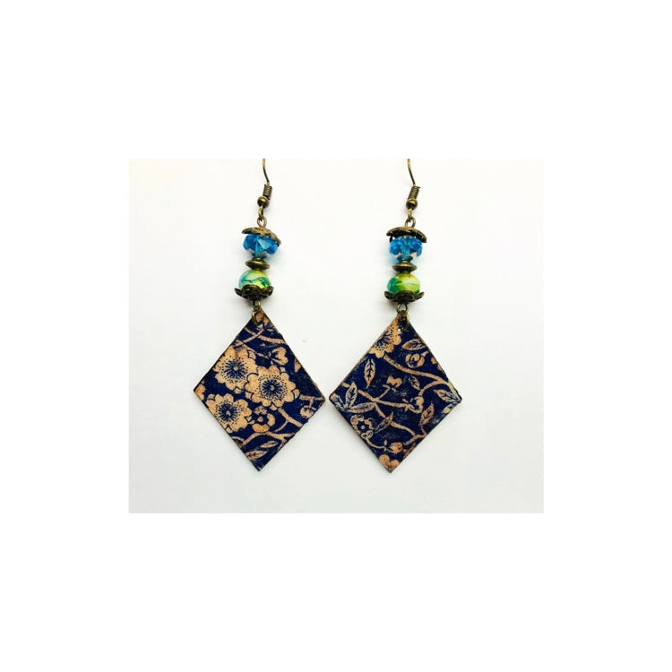 Blue Wood Diamond Shaped Dangle with Beads