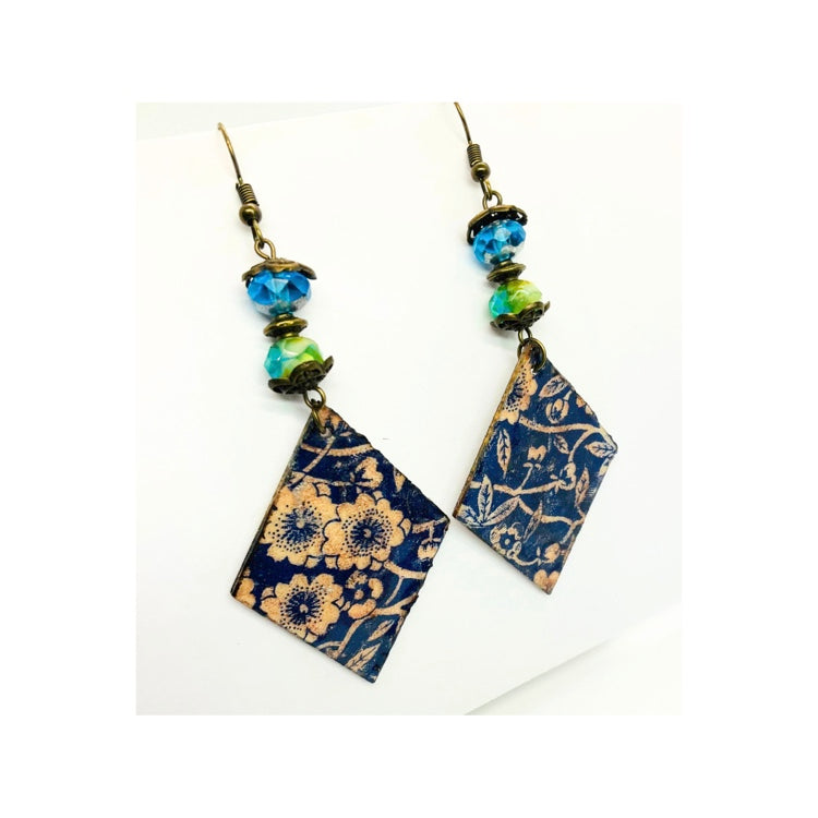 Blue Wood Diamond Shaped Dangle with Beads