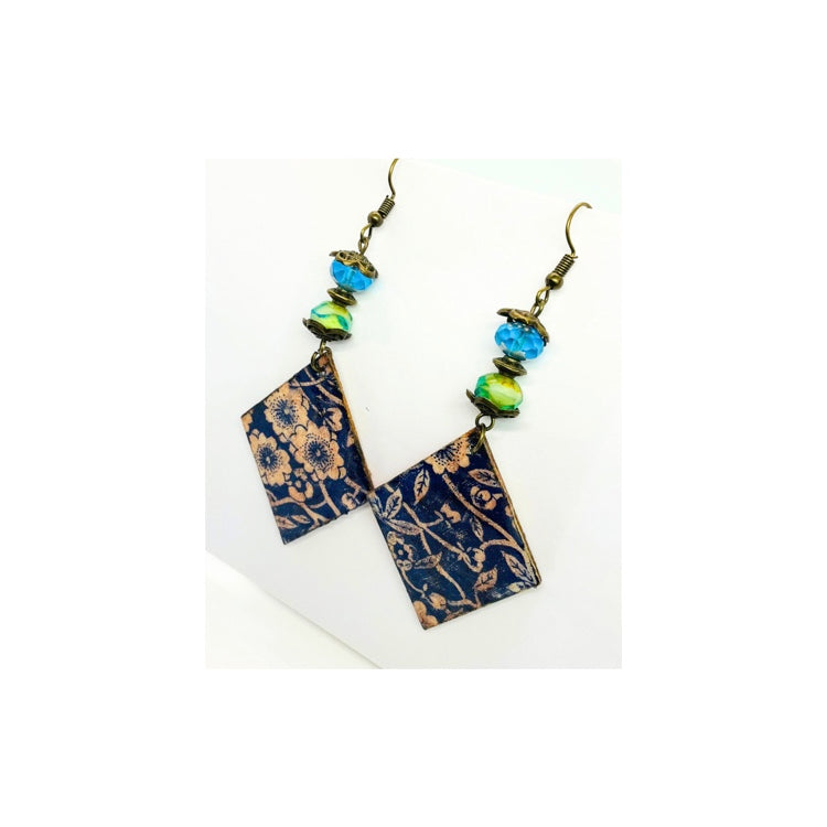 Blue Wood Diamond Shaped Dangle with Beads