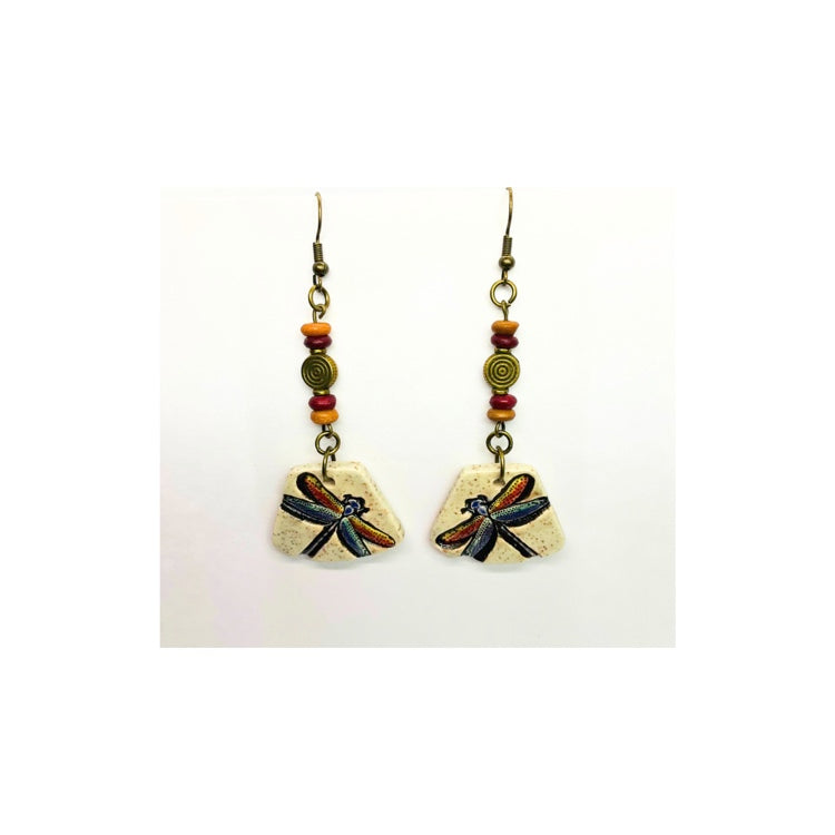 Ceramic Dangle Dragonfly Earrings with Bead Embellishments