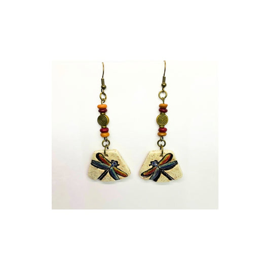 Ceramic Dangle Dragonfly Earrings with Bead Embellishments
