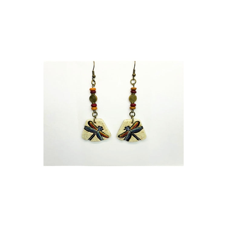 Ceramic Dangle Dragonfly Earrings with Bead Embellishments