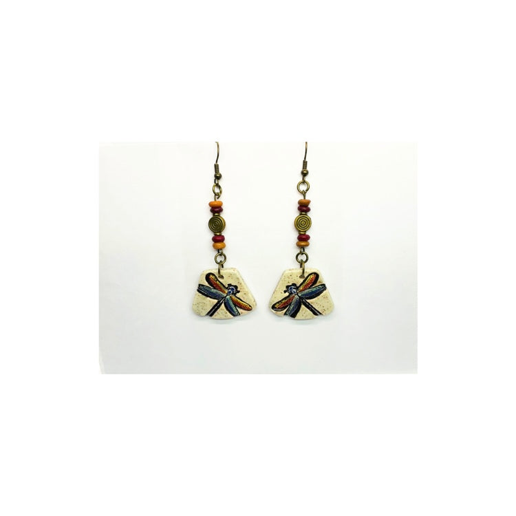 Ceramic Dangle Dragonfly Earrings with Bead Embellishments