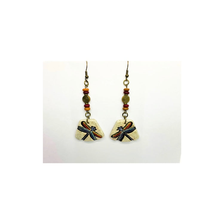 Ceramic Dangle Dragonfly Earrings with Bead Embellishments