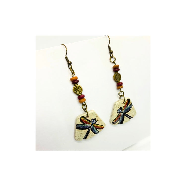 Ceramic Dangle Dragonfly Earrings with Bead Embellishments