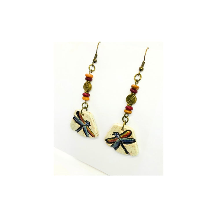 Ceramic Dangle Dragonfly Earrings with Bead Embellishments