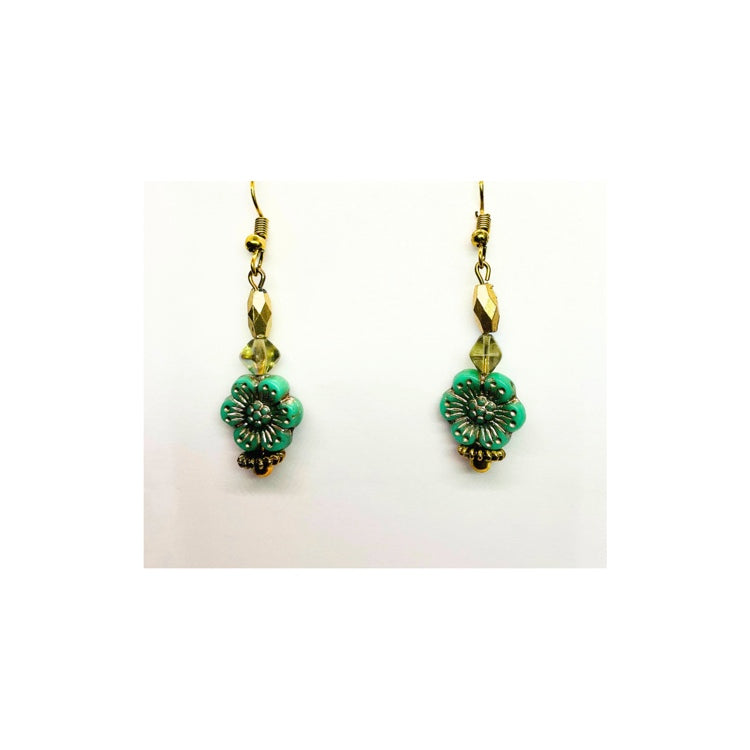 Sea Green and Gold Hawaiian Flower Bead Dangle Earring