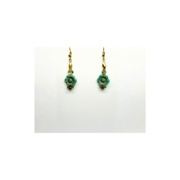 Sea Green and Gold Hawaiian Flower Bead Dangle Earring