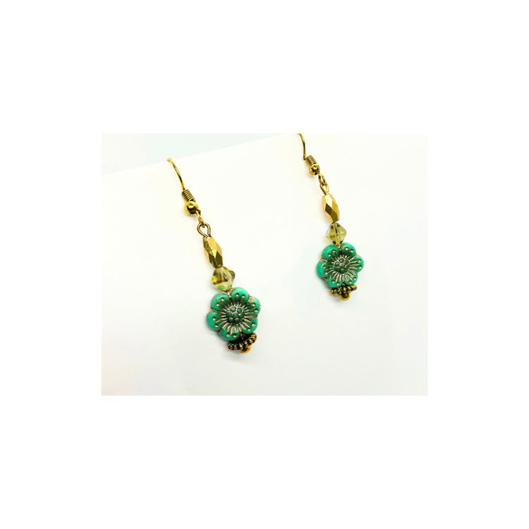 Sea Green and Gold Hawaiian Flower Bead Dangle Earring