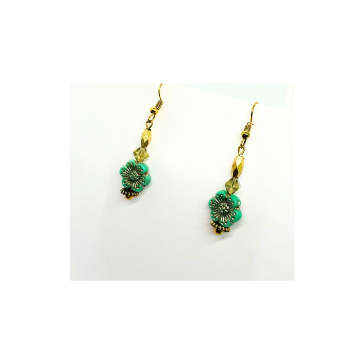 Sea Green and Gold Hawaiian Flower Bead Dangle Earring