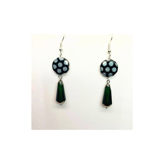 Black Silver Dot Czech Bead with Green and Silver Drop Czech Bead Earrings