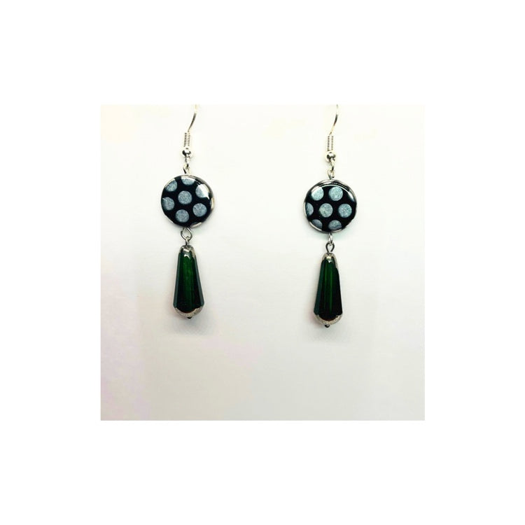 Black Silver Dot Czech Bead with Green and Silver Drop Czech Bead Earrings