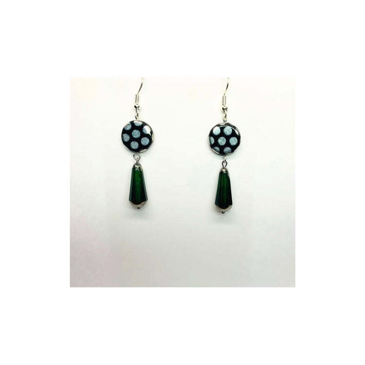 Black Silver Dot Czech Bead with Green and Silver Drop Czech Bead Earrings