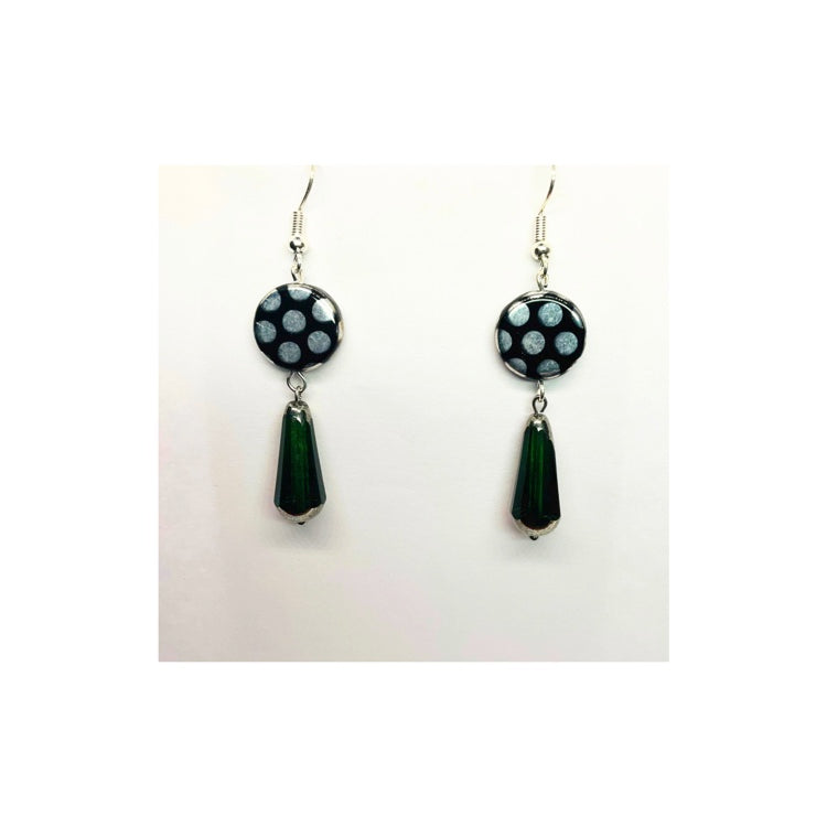 Black Silver Dot Czech Bead with Green and Silver Drop Czech Bead Earrings