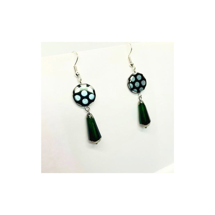 Black Silver Dot Czech Bead with Green and Silver Drop Czech Bead Earrings