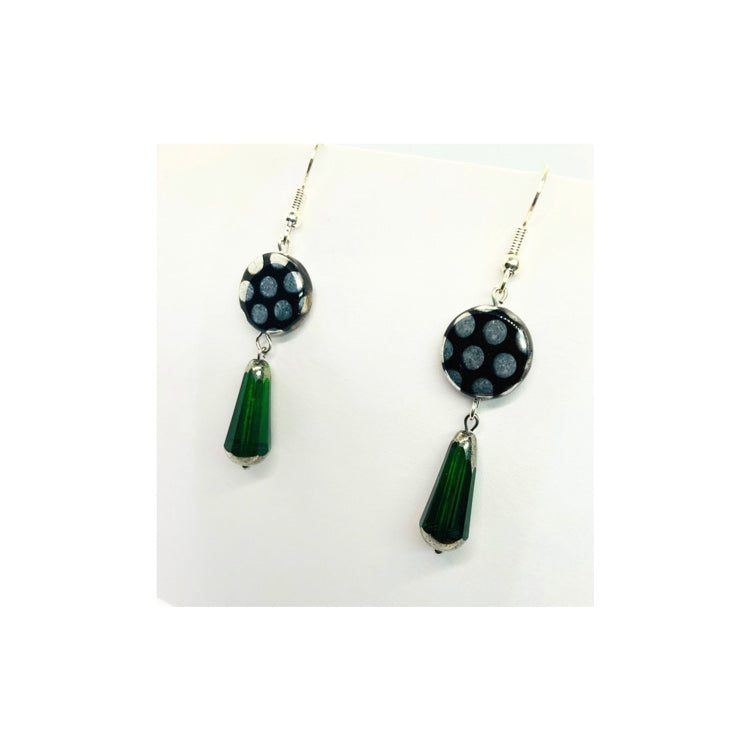 Black Silver Dot Czech Bead with Green and Silver Drop Czech Bead Earrings