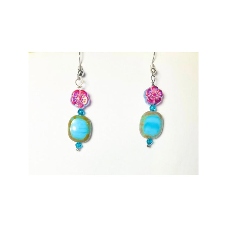 Blue Czech Bead Dangle Earring with Iridescent Blue Flower Bead, Handmade with Care and Unique Design