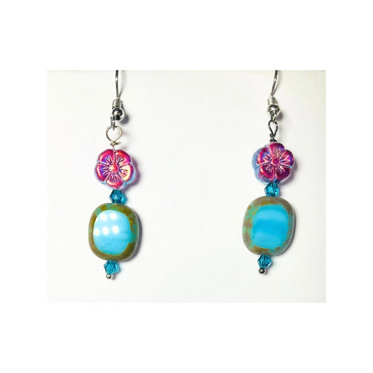 Blue Czech Bead Dangle Earring with Iridescent Blue Flower Bead, Handmade with Care and Unique Design