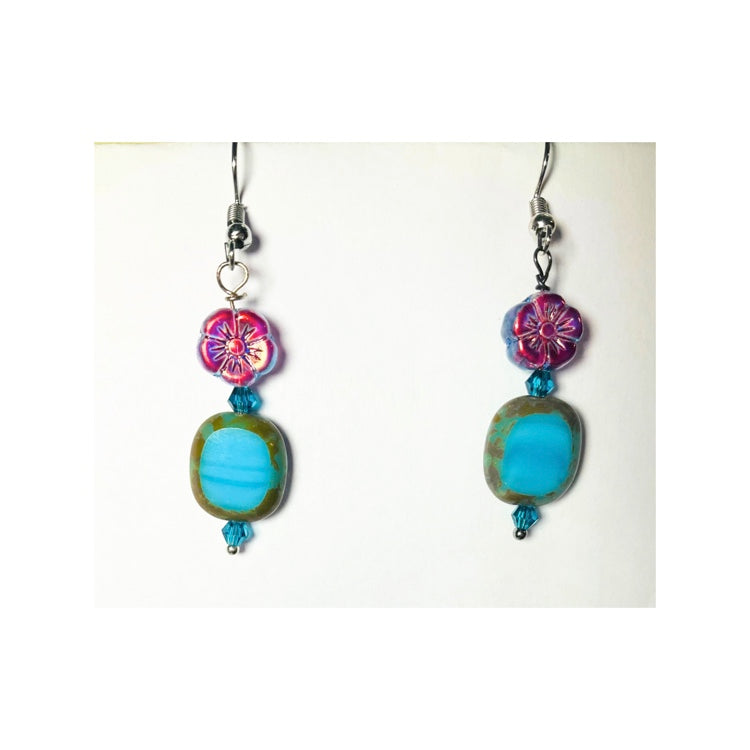 Blue Czech Bead Dangle Earring with Iridescent Blue Flower Bead, Handmade with Care and Unique Design