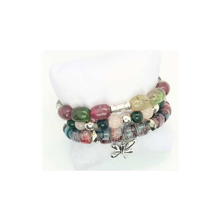 Pink and Green Glass Bead Bracelet Set with Dragonfly Charm