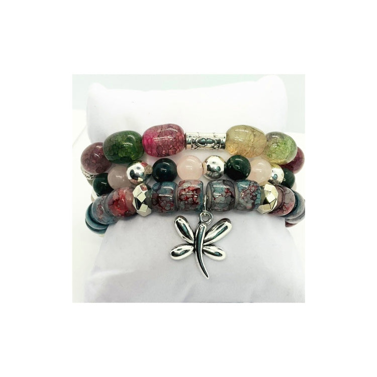 Pink and Green Glass Bead Bracelet Set with Dragonfly Charm