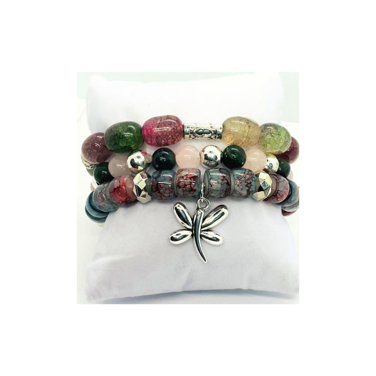 Pink and Green Glass Bead Bracelet Set with Dragonfly Charm
