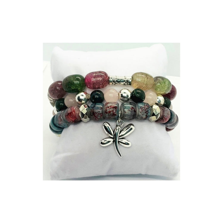 Pink and Green Glass Bead Bracelet Set with Dragonfly Charm