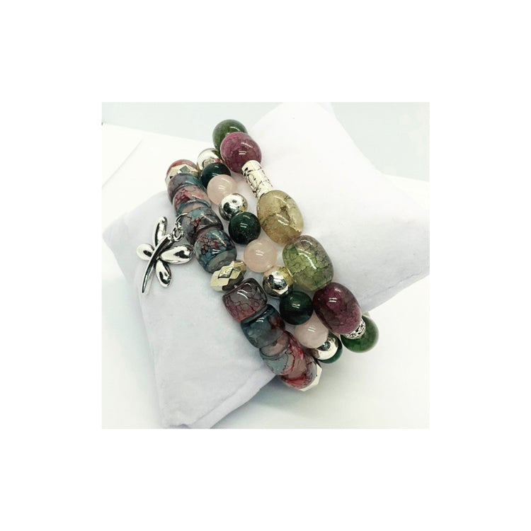 Pink and Green Glass Bead Bracelet Set with Dragonfly Charm
